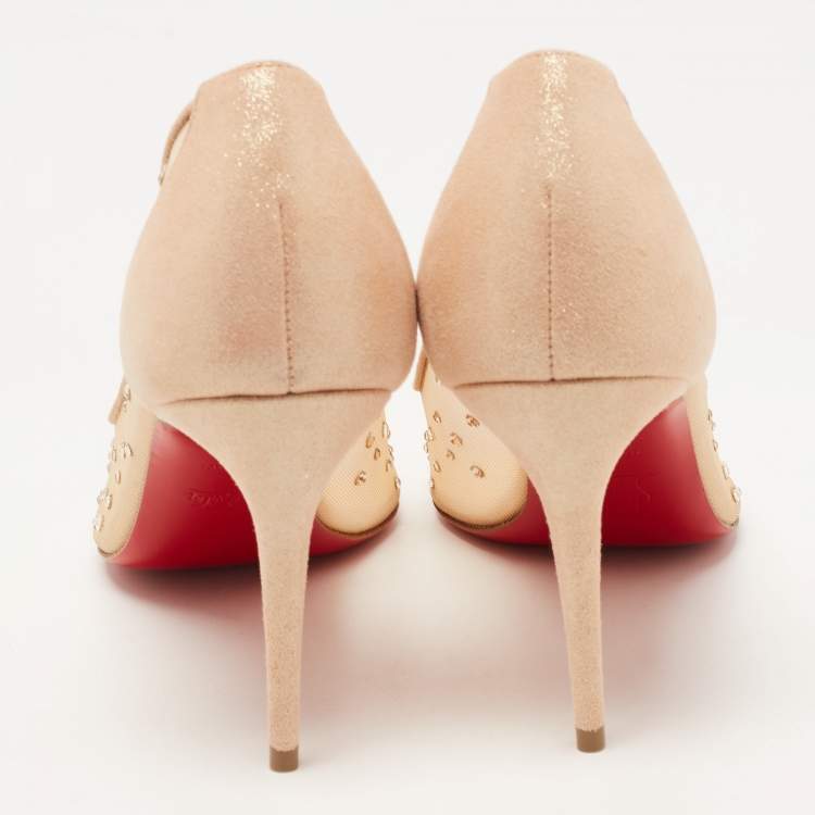 Pre Owned Christian Louboutin Beige Suede Follies Strass Pointed Toe Pumps Size 39
