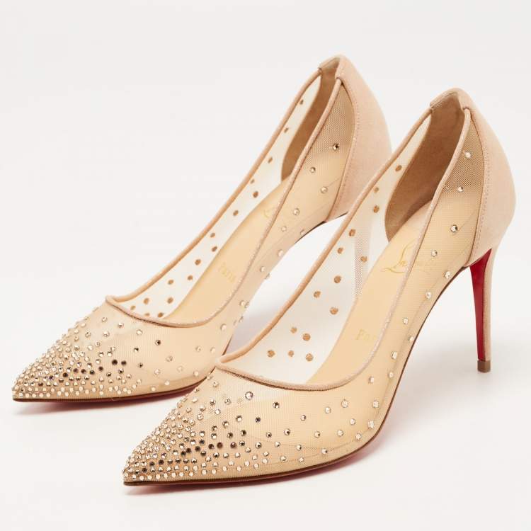 Christian Louboutin Beige Suede Follies Strass Pointed Toe Pumps