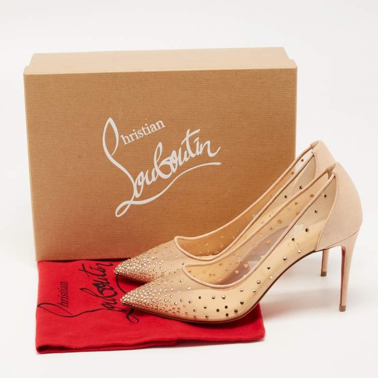 Pre Owned Christian Louboutin Beige Suede Follies Strass Pointed Toe Pumps Size 39