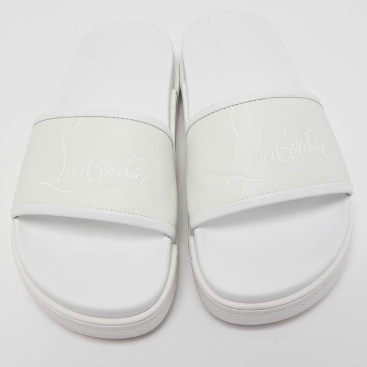 Pre Owned Christian Louboutin White Leather Logo Platform Slides Size 36