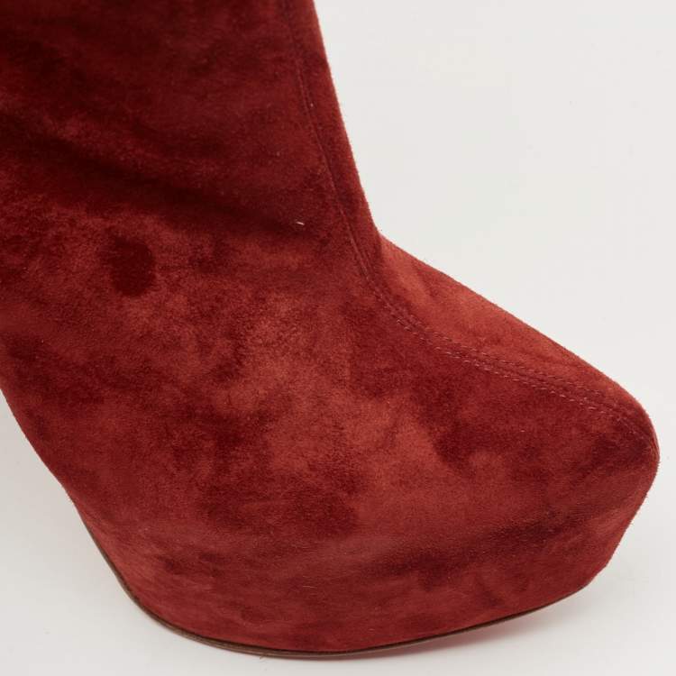 Pre Owned Christian Louboutin Dark Red Suede Interlopa Fringe Details Platform Knee Length Boots Size 39