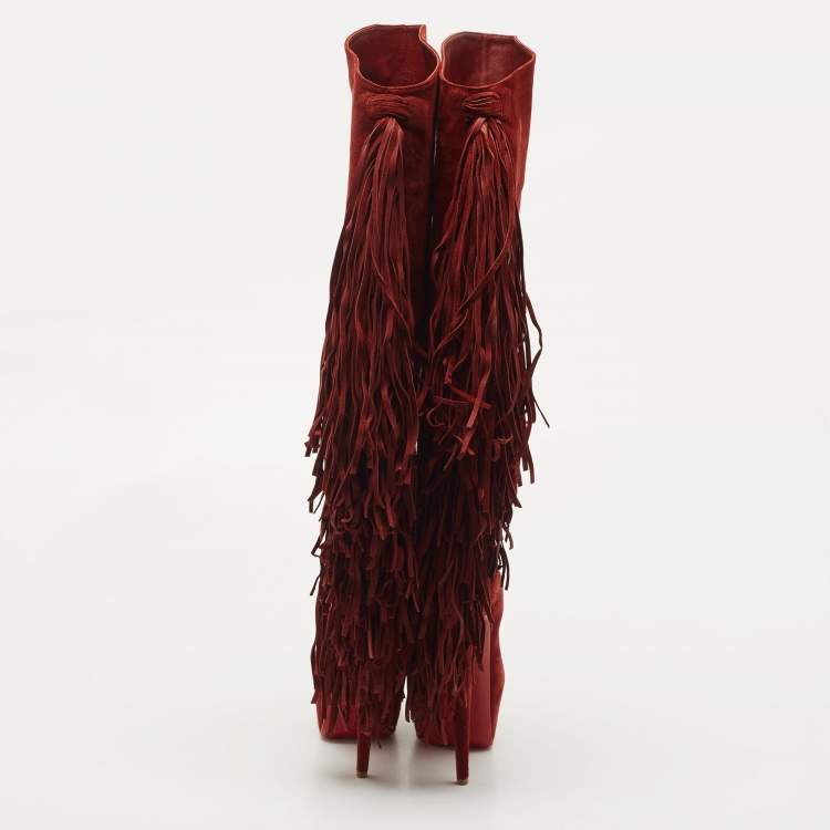 Pre Owned Christian Louboutin Dark Red Suede Interlopa Fringe Details Platform Knee Length Boots Size 39