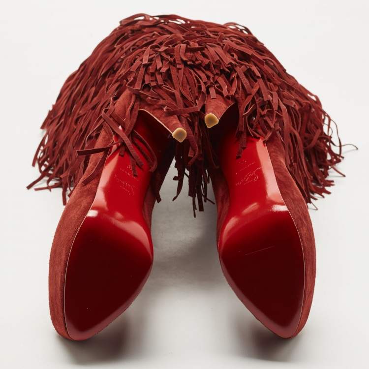 Pre Owned Christian Louboutin Dark Red Suede Interlopa Fringe Details Platform Knee Length Boots Size 39