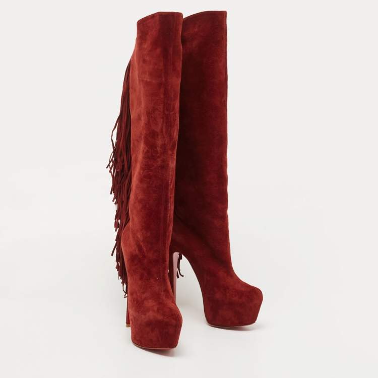 Pre Owned Christian Louboutin Dark Red Suede Interlopa Fringe Details Platform Knee Length Boots Size 39