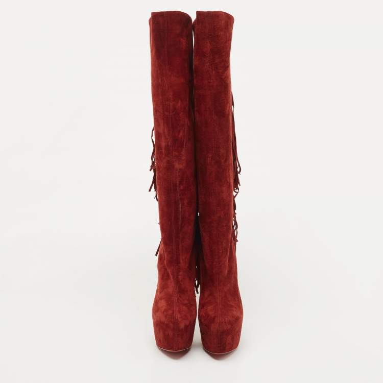 Pre Owned Christian Louboutin Dark Red Suede Interlopa Fringe Details Platform Knee Length Boots Size 39