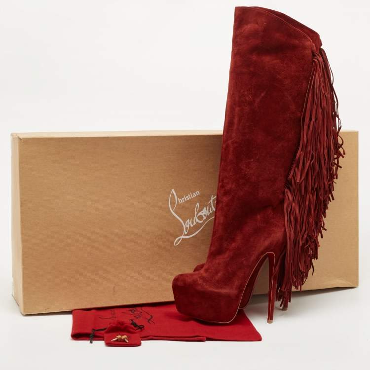 Pre Owned Christian Louboutin Dark Red Suede Interlopa Fringe Details Platform Knee Length Boots Size 39