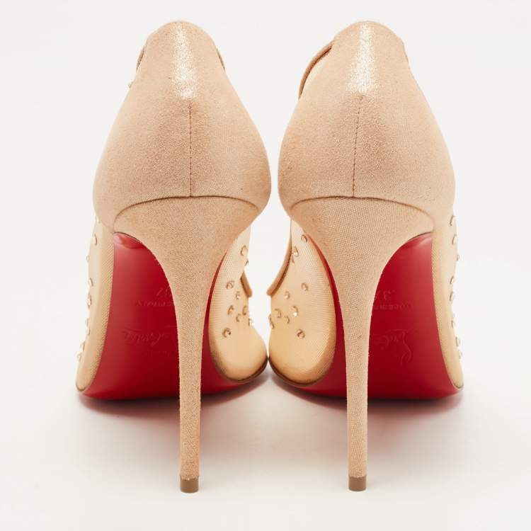 Pre Owned Christian Louboutin Beige Glitter Suede Follies Embellished Pointed Toe Pumps Size 37