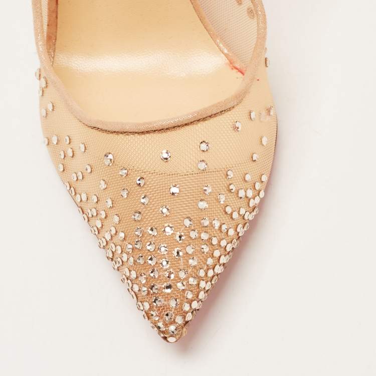Pre Owned Christian Louboutin Beige Glitter Suede Follies Embellished Pointed Toe Pumps Size 37