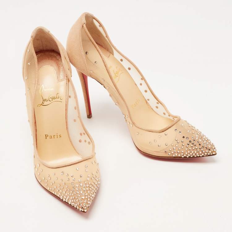 Pre Owned Christian Louboutin Beige Glitter Suede Follies Embellished Pointed Toe Pumps Size 37
