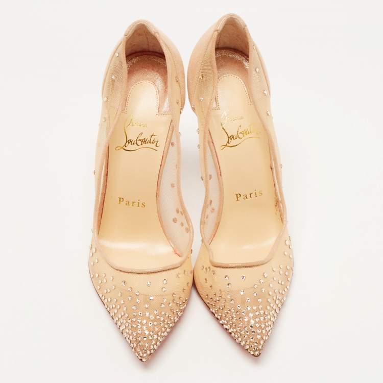 Pre Owned Christian Louboutin Beige Glitter Suede Follies Embellished Pointed Toe Pumps Size 37