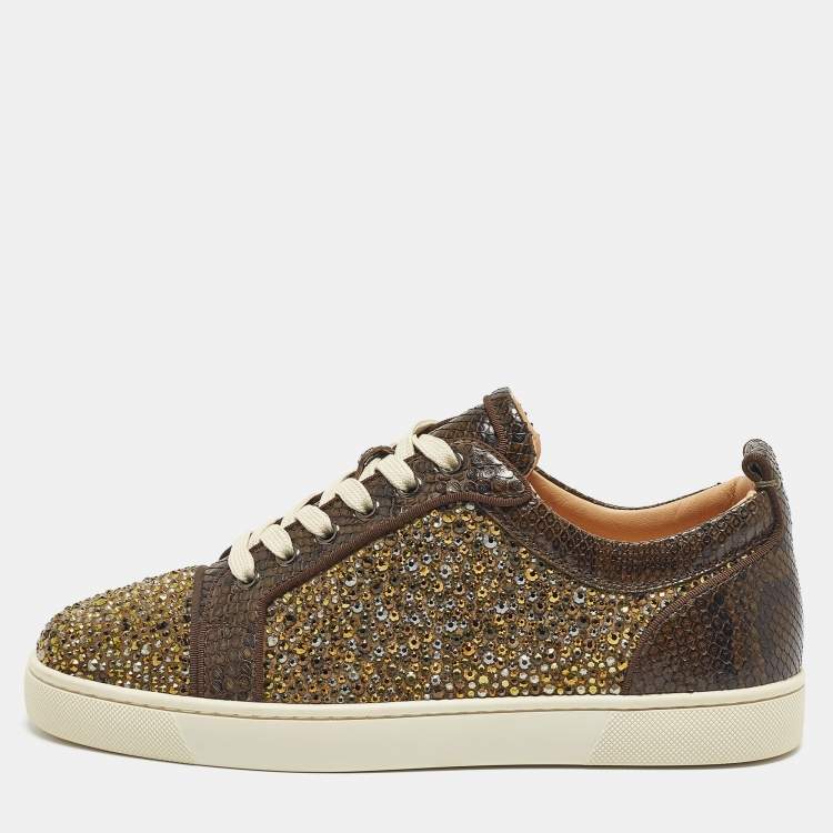 Pre Owned Christian Louboutin Green Python Leather Louis Junior Sneakers Size 39.5