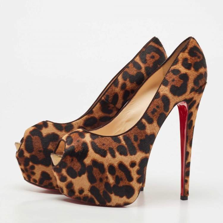 Pre Owned Christian Louboutin Brown Leopard Print Calf Hair Highness Peep Toe Platform Pumps Size 39.5