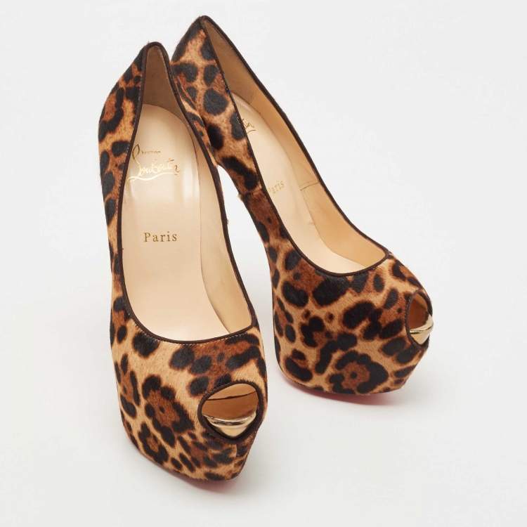Pre Owned Christian Louboutin Brown Leopard Print Calf Hair Highness Peep Toe Platform Pumps Size 39.5