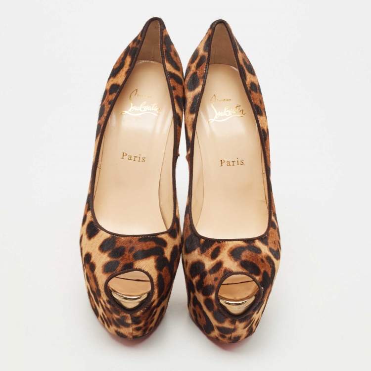 Pre Owned Christian Louboutin Brown Leopard Print Calf Hair Highness Peep Toe Platform Pumps Size 39.5