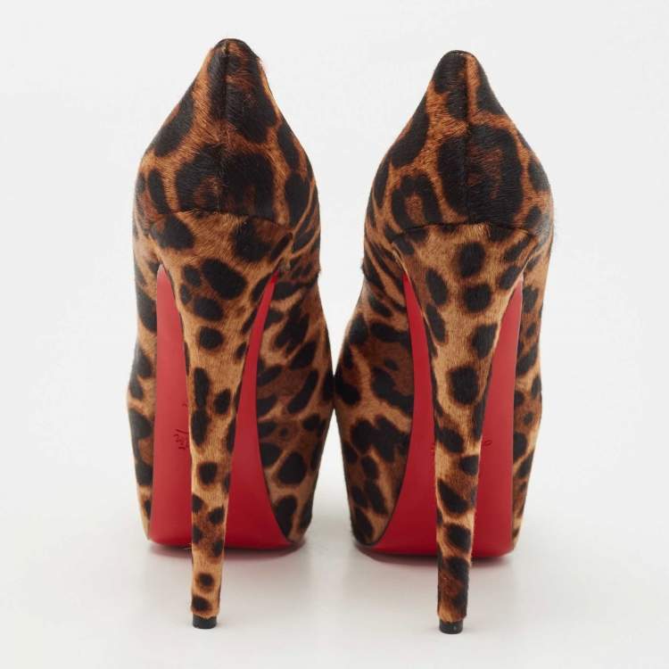 Pre Owned Christian Louboutin Brown Leopard Print Calf Hair Highness Peep Toe Platform Pumps Size 39.5