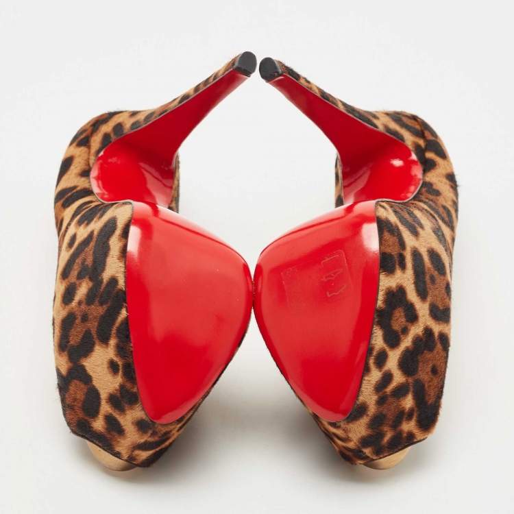Pre Owned Christian Louboutin Brown Leopard Print Calf Hair Highness Peep Toe Platform Pumps Size 39.5