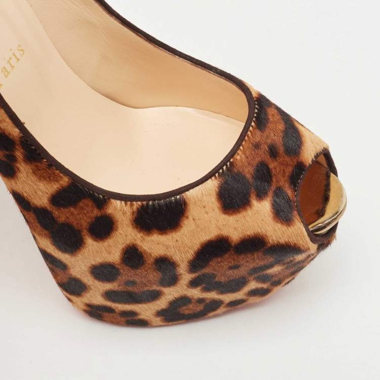 Pre Owned Christian Louboutin Brown Leopard Print Calf Hair Highness Peep Toe Platform Pumps Size 39.5