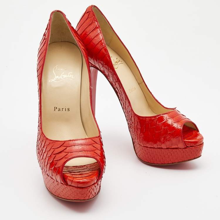 Pre Owned Christian Louboutin Orange Python Lady Peep Pumps Size 39.5