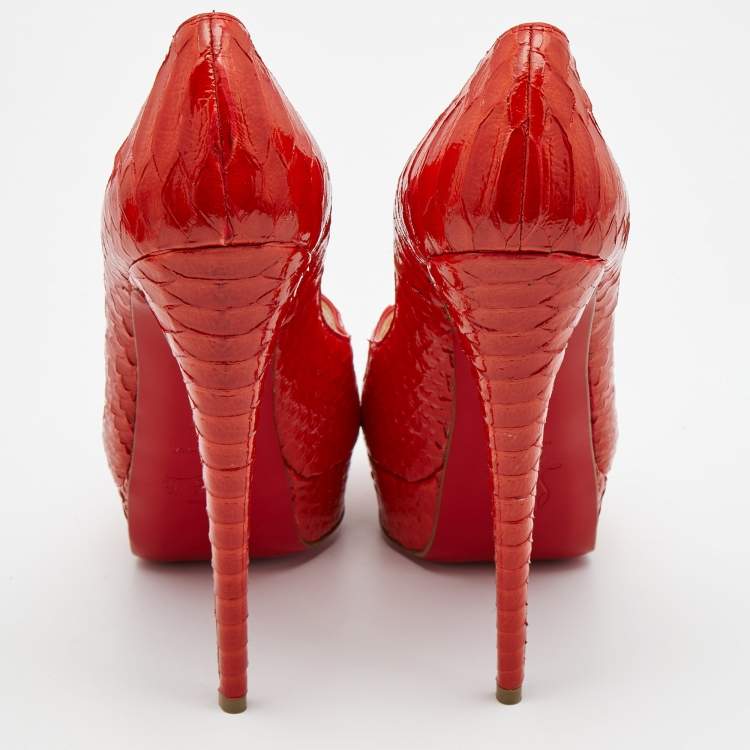 Pre Owned Christian Louboutin Orange Python Lady Peep Pumps Size 39.5