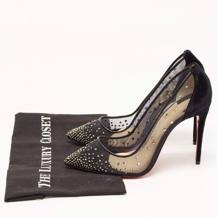 Pre Owned Christian Louboutin Black Mesh and Velvet Follies Strass Pumps Size 39.5