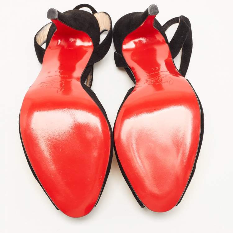 Pre Owned Christian Louboutin Black/Gold Suede Peep Toe Ankle Strap Sandals Size 36