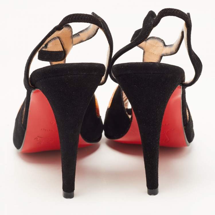 Pre Owned Christian Louboutin Black/Gold Suede Peep Toe Ankle Strap Sandals Size 36