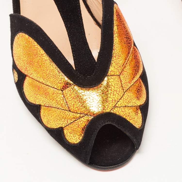Pre Owned Christian Louboutin Black/Gold Suede Peep Toe Ankle Strap Sandals Size 36