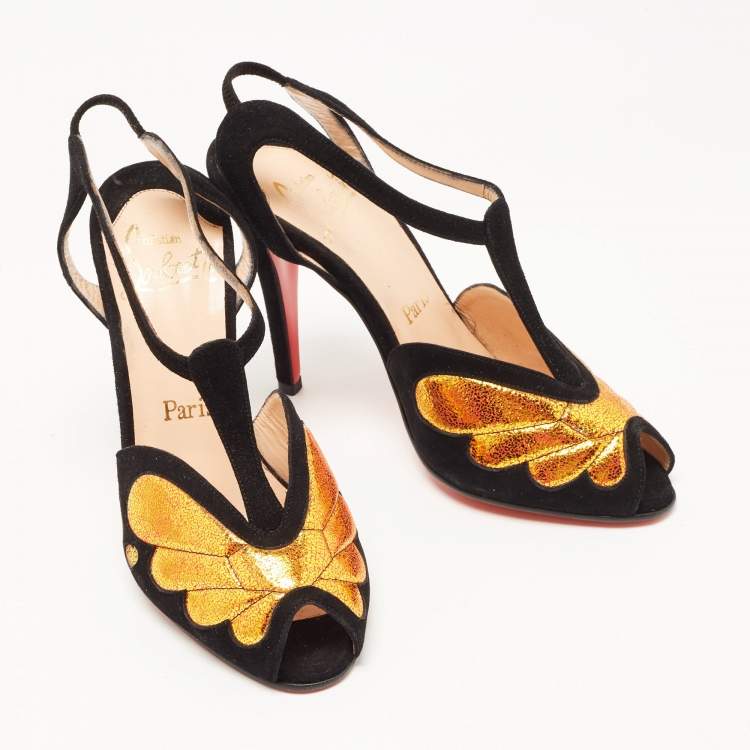 Pre Owned Christian Louboutin Black/Gold Suede Peep Toe Ankle Strap Sandals Size 36