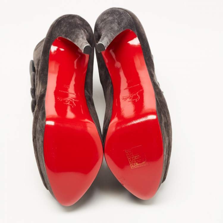 Pre Owned Christian Louboutin Grey Suede Peep Toe Platform Ankle Booties Size 38