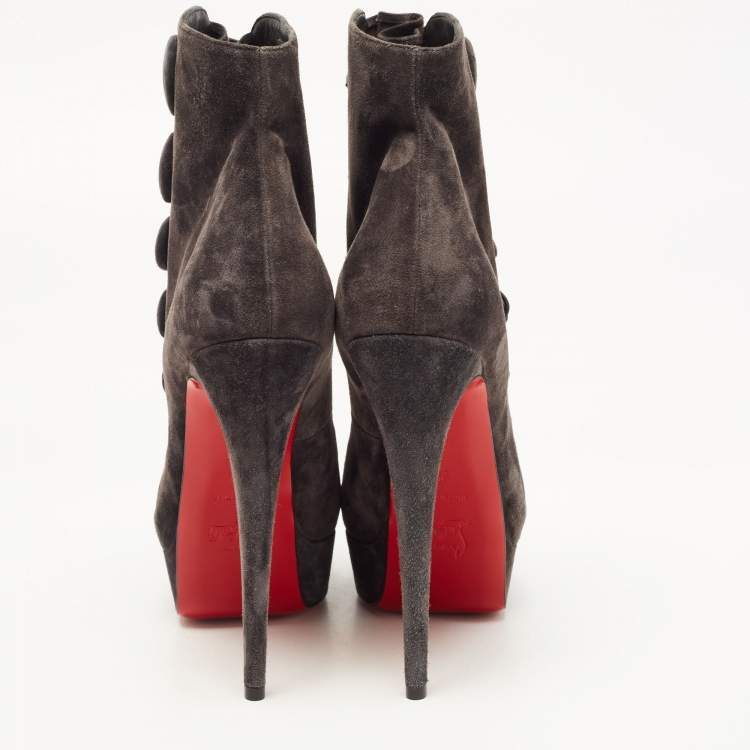 Pre Owned Christian Louboutin Grey Suede Peep Toe Platform Ankle Booties Size 38