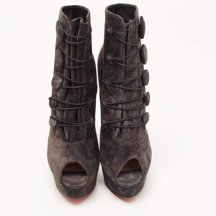 Pre Owned Christian Louboutin Grey Suede Peep Toe Platform Ankle Booties Size 38