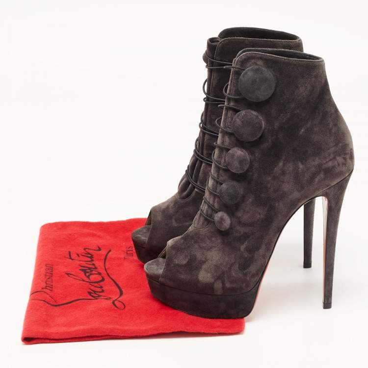 Pre Owned Christian Louboutin Grey Suede Peep Toe Platform Ankle Booties Size 38