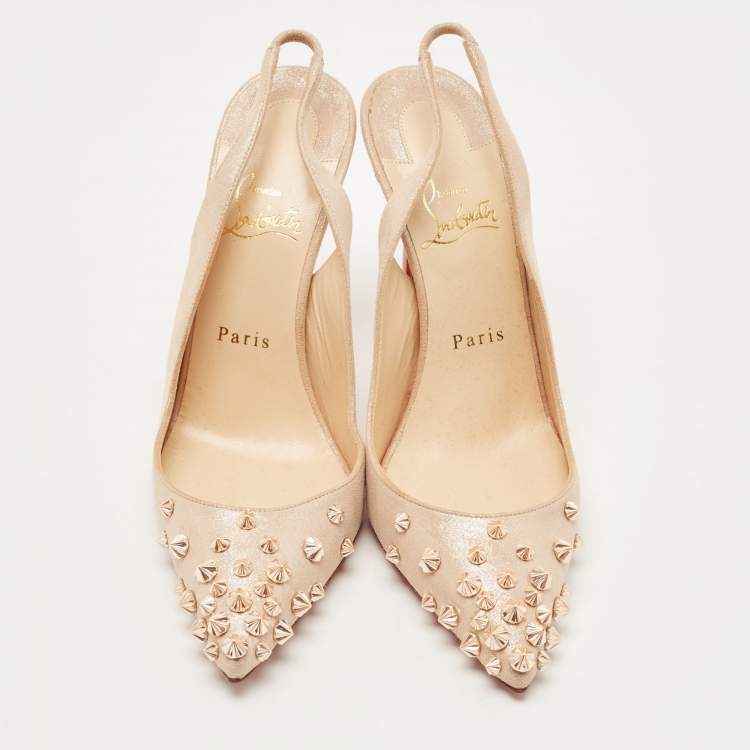 Pre Owned Christian Louboutin Beige Texture Suede Drama Spikes Pumps Size 38.5