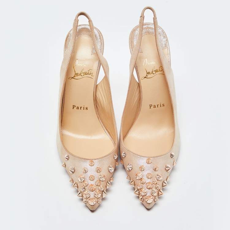 Pre Owned Christian Louboutin Beige Iridescent Suede Drama Spikes Pumps Size 37