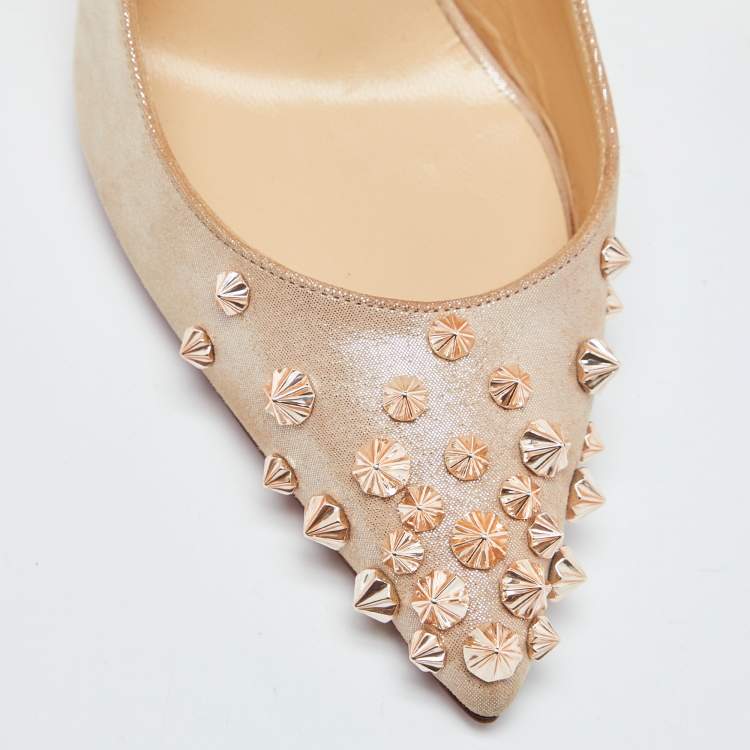 Pre Owned Christian Louboutin Beige Iridescent Suede Drama Spikes Pumps Size 37