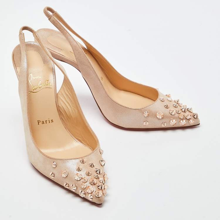 Pre Owned Christian Louboutin Beige Iridescent Suede Drama Spikes Pumps Size 37