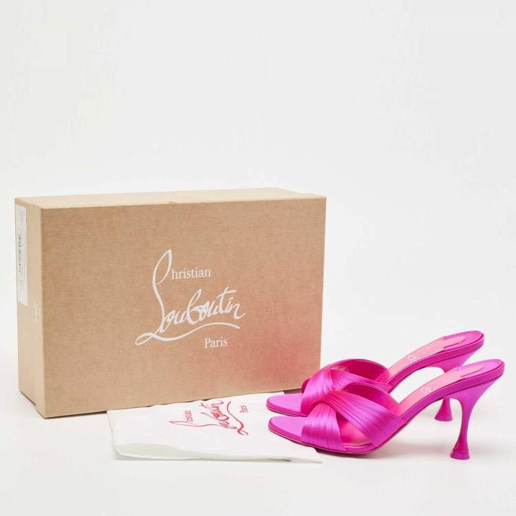 Pre Owned Christian Louboutin Pink Satin Nicol is Back 85 Criss Cross Slide Sandals Size 38.5