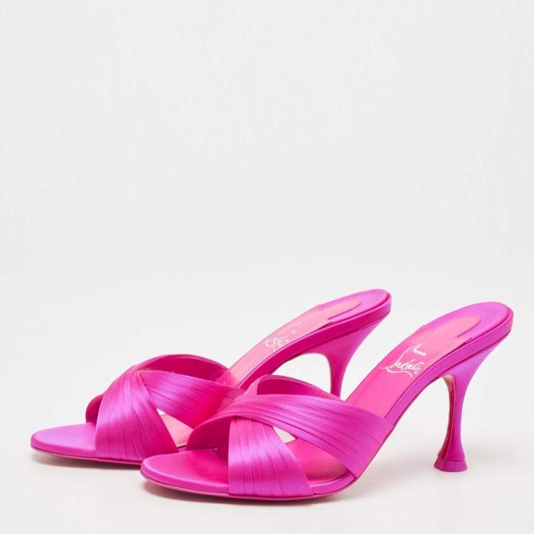 Pre Owned Christian Louboutin Pink Satin Nicol is Back 85 Criss Cross Slide Sandals Size 38.5