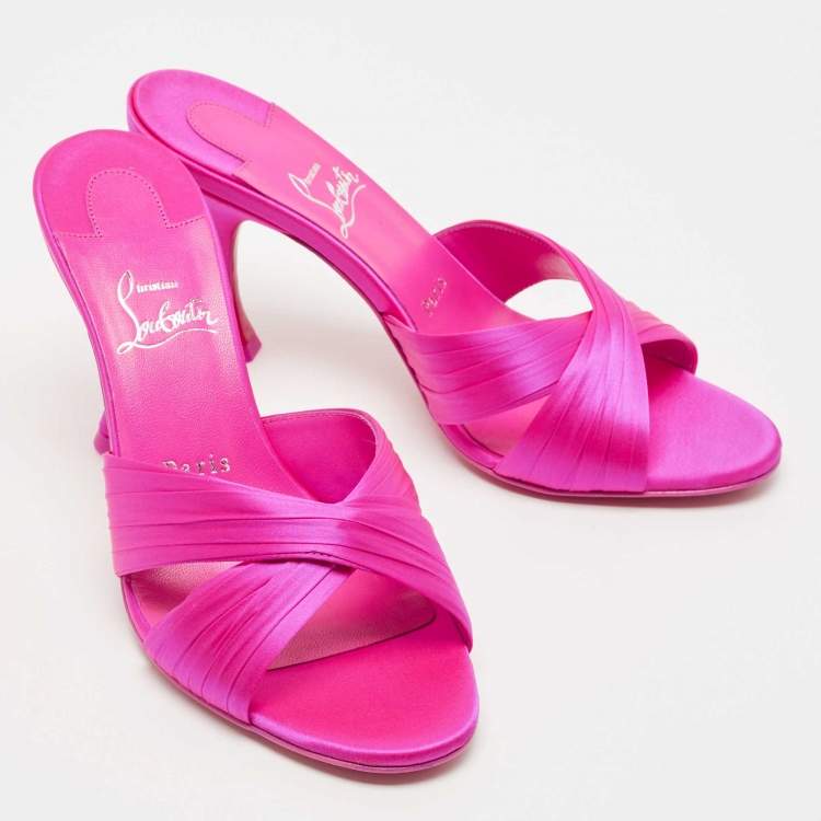 Pre Owned Christian Louboutin Pink Satin Nicol is Back 85 Criss Cross Slide Sandals Size 38.5