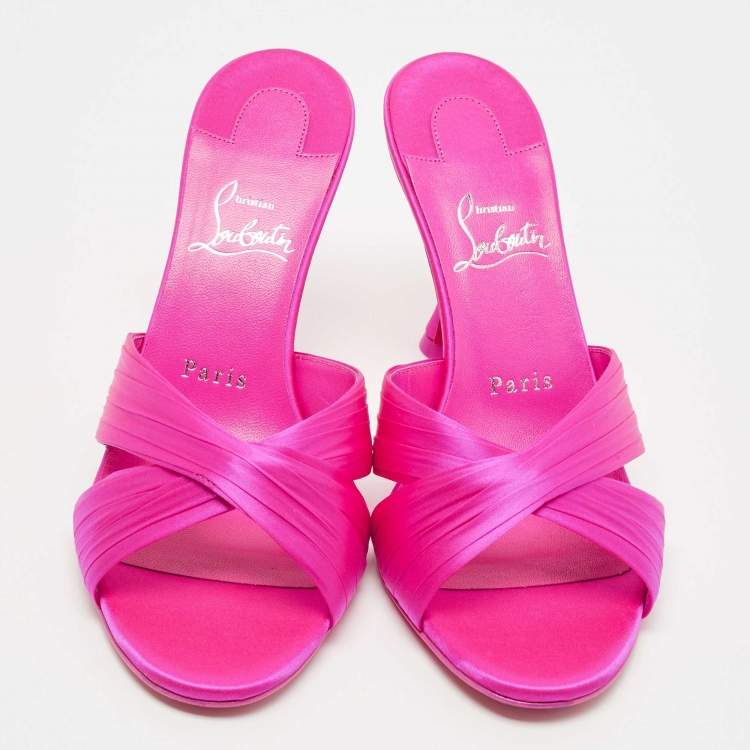 Pre Owned Christian Louboutin Pink Satin Nicol is Back 85 Criss Cross Slide Sandals Size 38.5