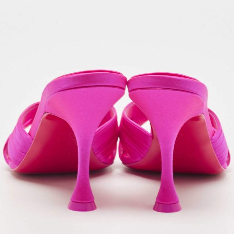 Pre Owned Christian Louboutin Pink Satin Nicol is Back 85 Criss Cross Slide Sandals Size 38.5