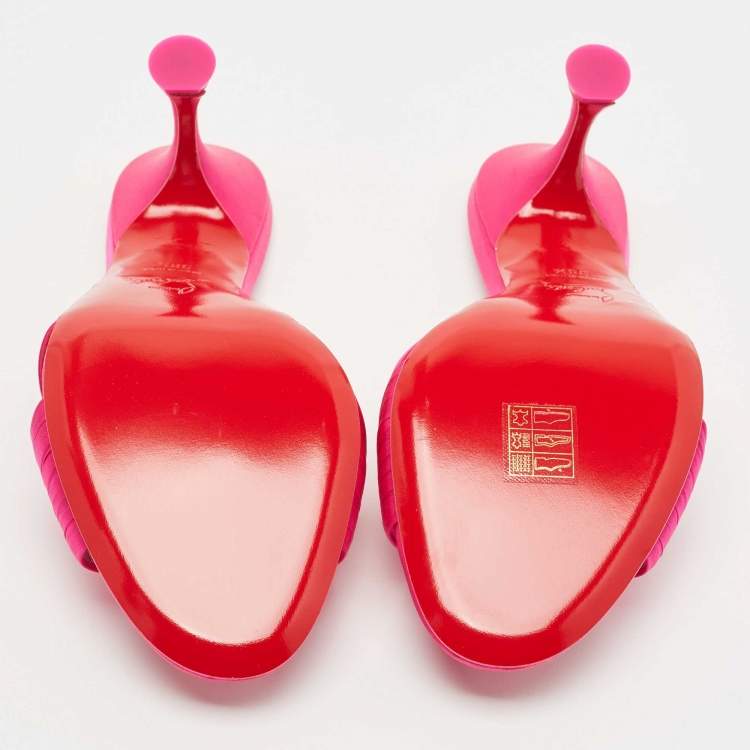 Pre Owned Christian Louboutin Pink Satin Nicol is Back 85 Criss Cross Slide Sandals Size 38.5