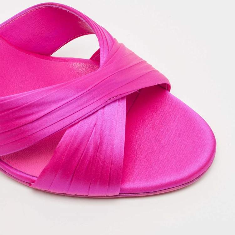 Pre Owned Christian Louboutin Pink Satin Nicol is Back 85 Criss Cross Slide Sandals Size 38.5