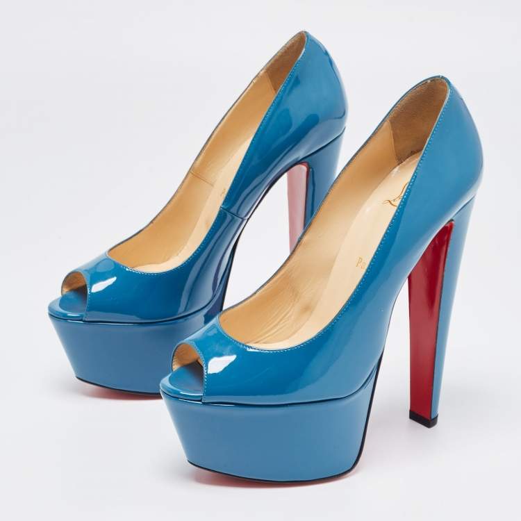 Pre Owned Christian Louboutin Blue Patent Jamie Platform Pumps Size 38