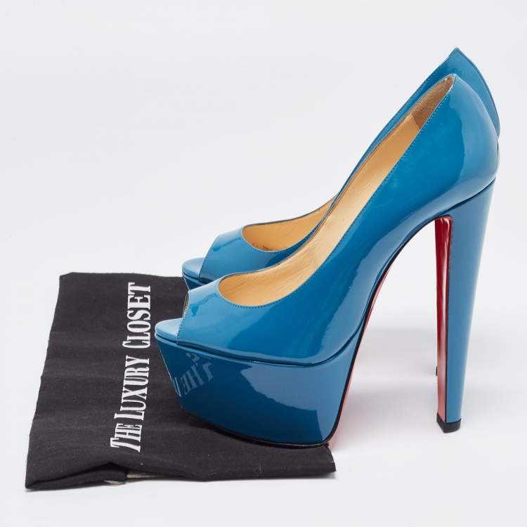 Pre Owned Christian Louboutin Blue Patent Jamie Platform Pumps Size 38