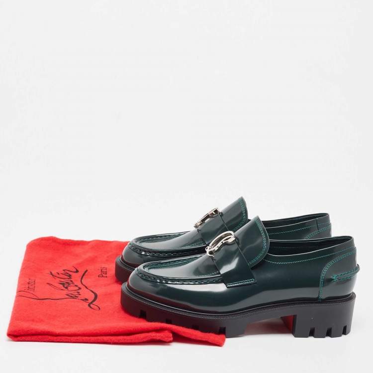 Pre Owned Christian Louboutin Green Patent Leather CL Moc Lug Loafers Size 36.5