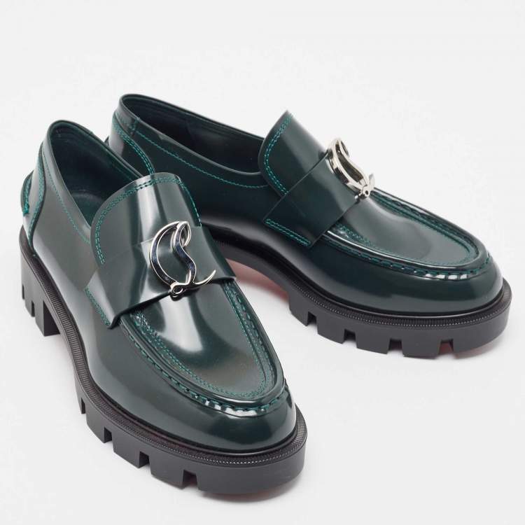 Pre Owned Christian Louboutin Green Patent Leather CL Moc Lug Loafers Size 36.5