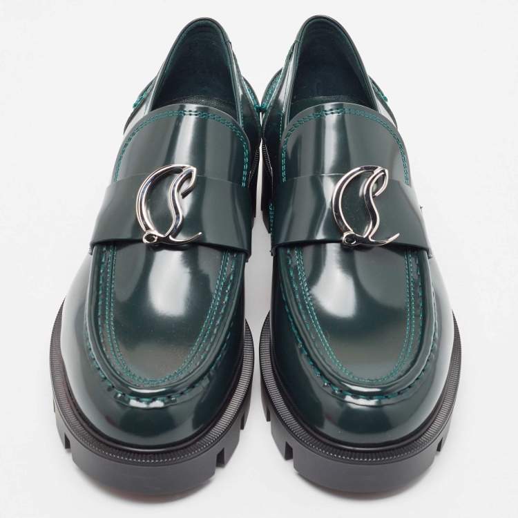 Pre Owned Christian Louboutin Green Patent Leather CL Moc Lug Loafers Size 36.5