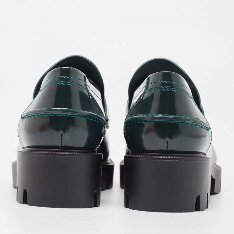 Pre Owned Christian Louboutin Green Patent Leather CL Moc Lug Loafers Size 36.5