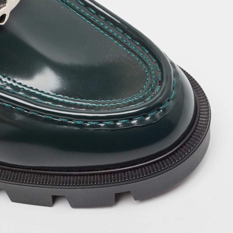 Pre Owned Christian Louboutin Green Patent Leather CL Moc Lug Loafers Size 36.5